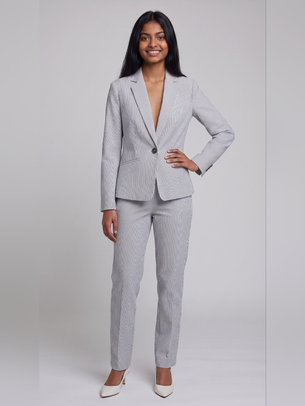 Kasper Women's Grey & White Pinstripe Jacket and Pants Suit